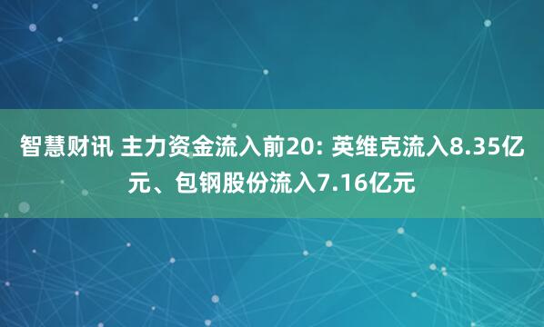 智慧财讯 主力资金流入前20: 英维克流入8.35亿元、包钢股份流入7.16亿元